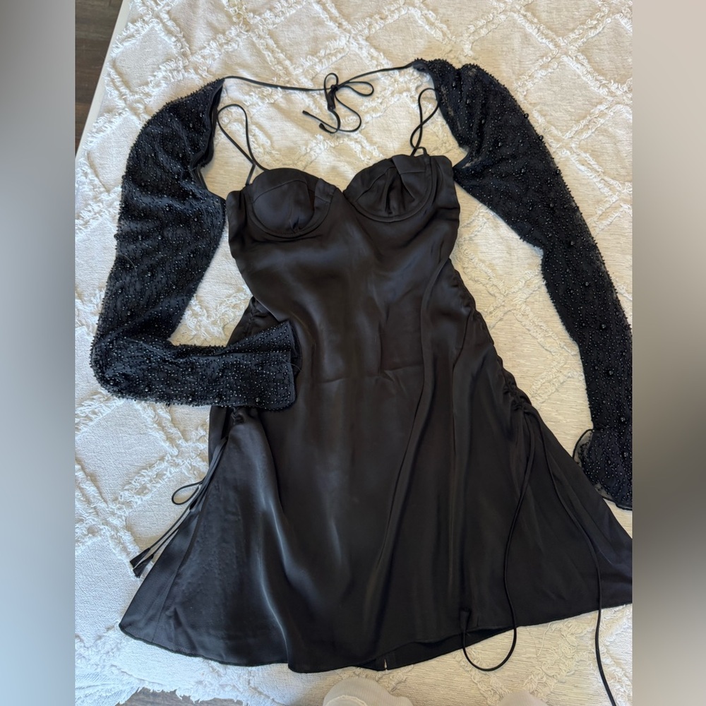 Oh Polly Black Satin Slip Dress with Beaded Sleeves